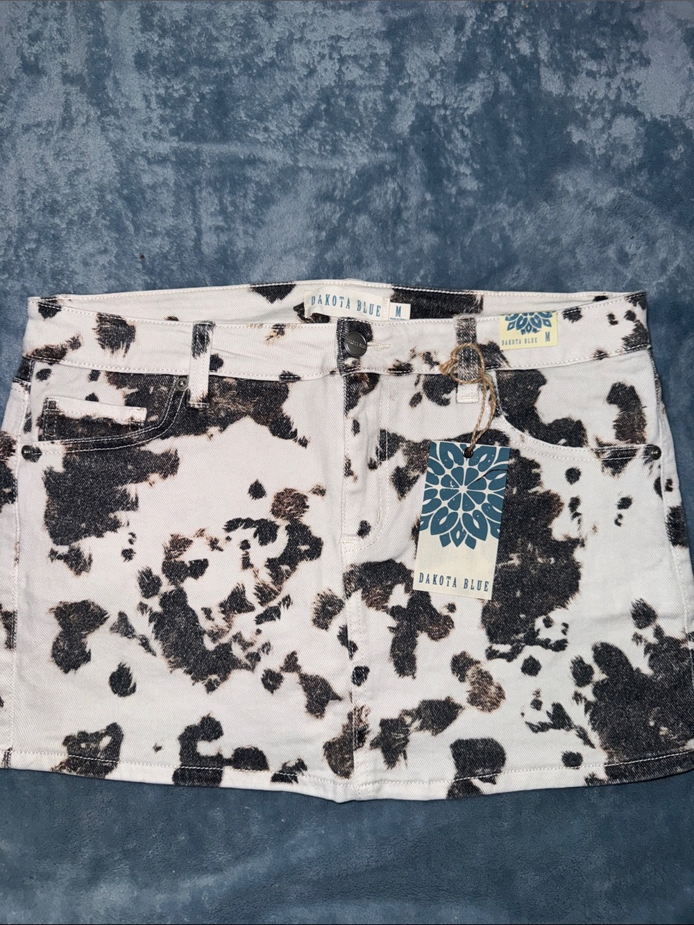 Dakota Blue White Mini Skirt with Black Cow-Print
